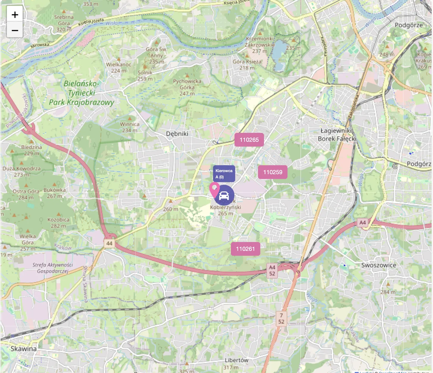 Mapa zamówień LIVE w YummyPOS: kierowca i trzy zamówienia w dostawie