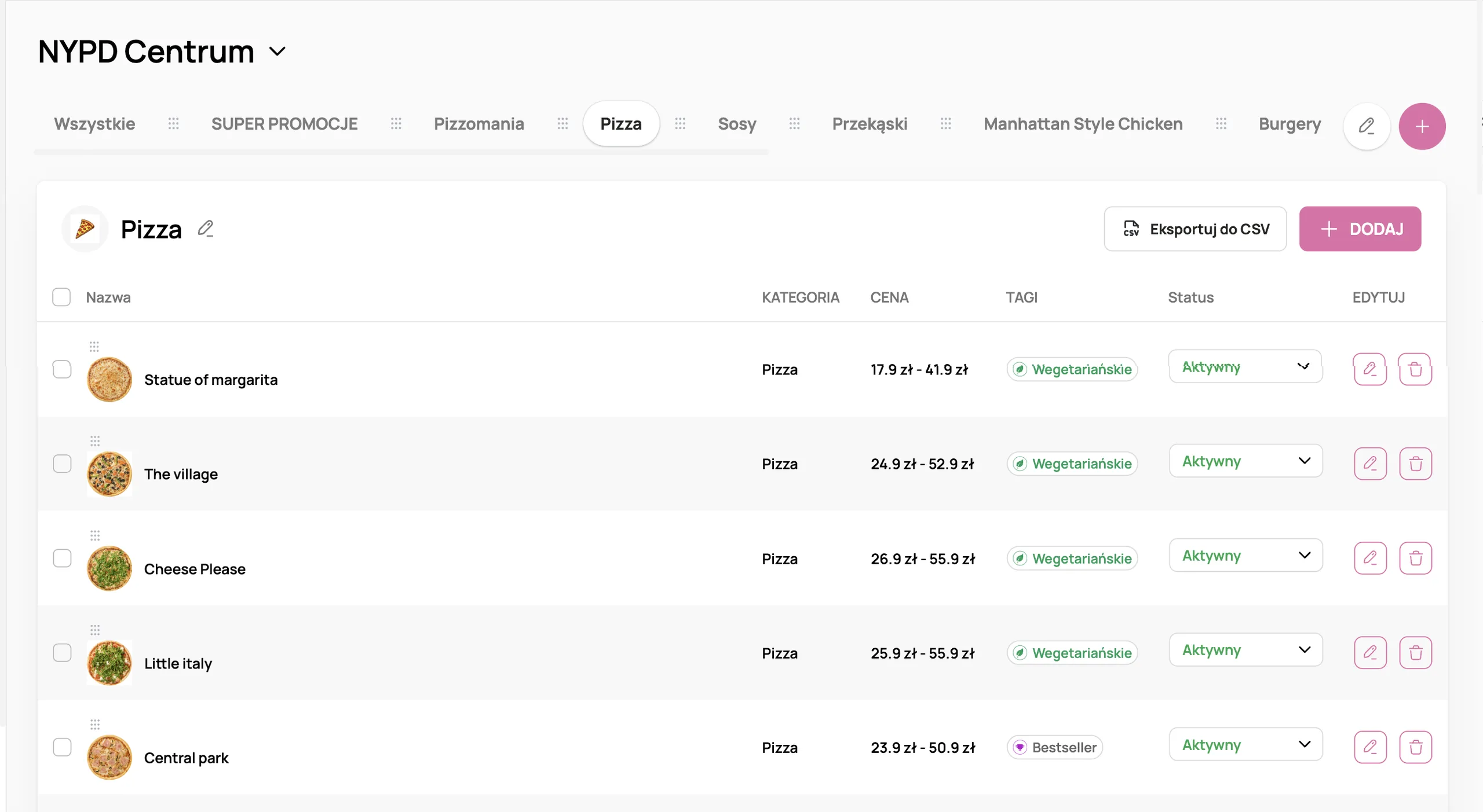 Menu w YummyPOS: produkty ze zdjęciami, zakres cen wariantów, tagi, status