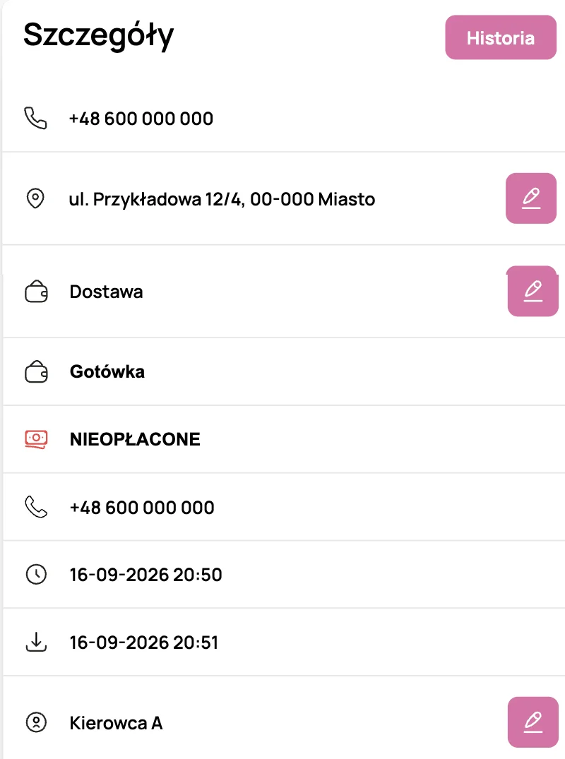 Szczegóły zamówienia: telefon, adres, dostawa, płatność, kierowca