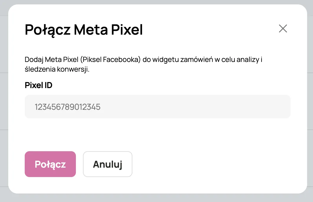 Okno Połącz Meta Pixel w YummyPOS z polem Pixel ID