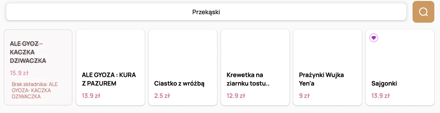 Ekran przyjmowania zamówienia w YummyPOS: wyłączone danie jest przekreślone z informacją Brak składnika