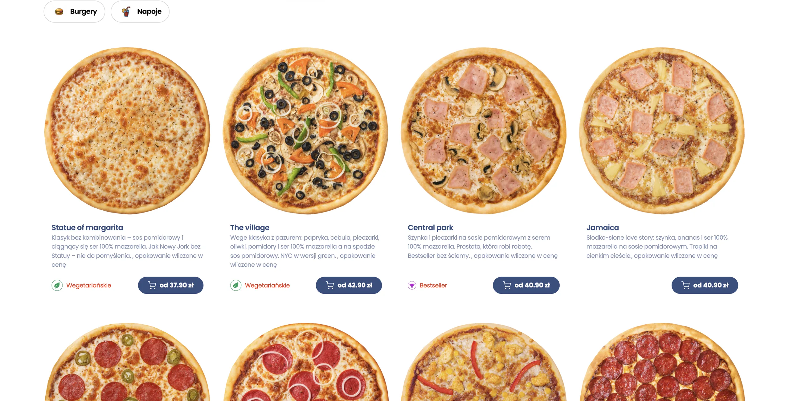 YummyOrder na desktopie: siatka pizz z cenami i tagami